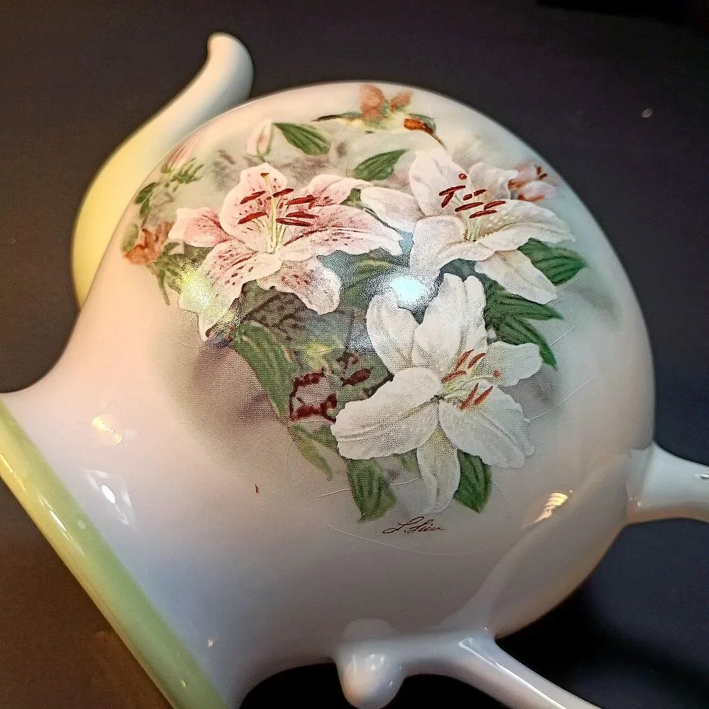 Vintage Hummingbird Lily Floral Teapot China Collectible Lina Lui Bird Decor Gif